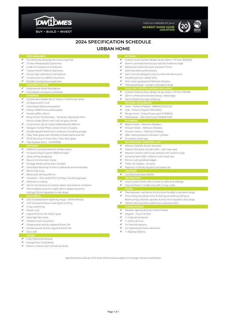 DW HOMES URBAN SPECIFICATION SCHEDULE 2024 (2)